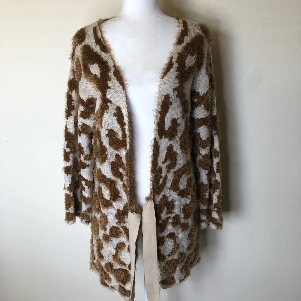 UNIQ Mocha Leopard Print Long Fluffy Textured Cardigan‎ S/M Cozy Lounge Wear